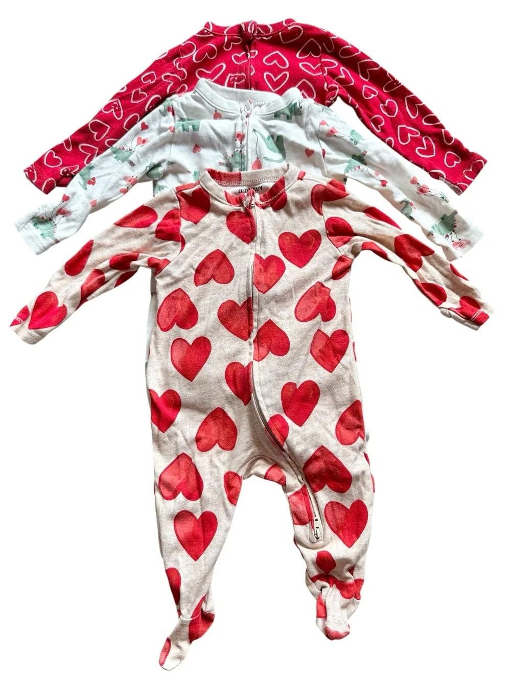 Old Navy lot of 3 footed two way zip closure Valentine’s sleeper footed pajamas